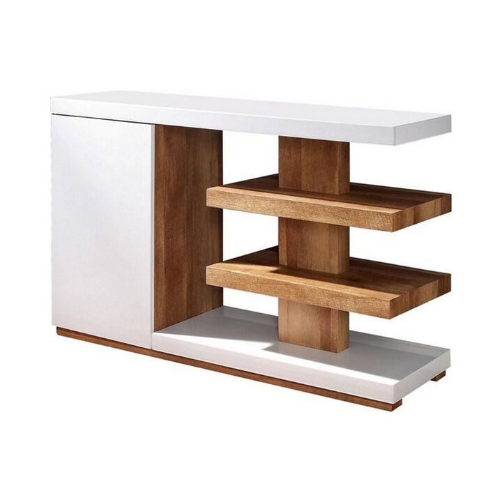 Sofa Table with 1 Door Cabinet and 2 Floating Shelves, White and Brown-Benzara