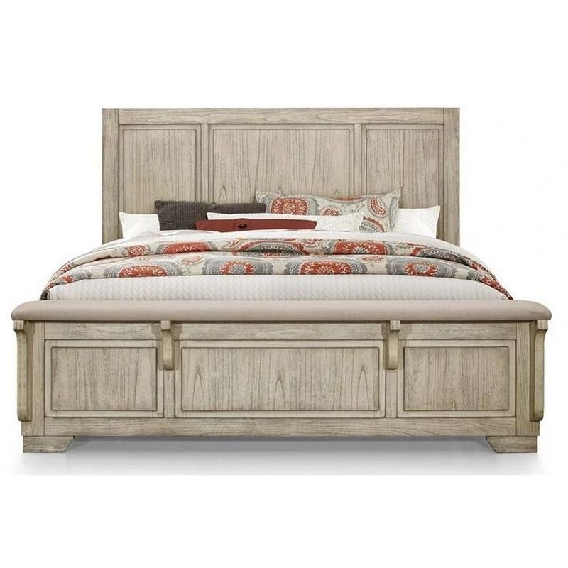 Ashen Queen Size Bed, Transitional Panel Design, Wire Brushed Rustic White - Benzara