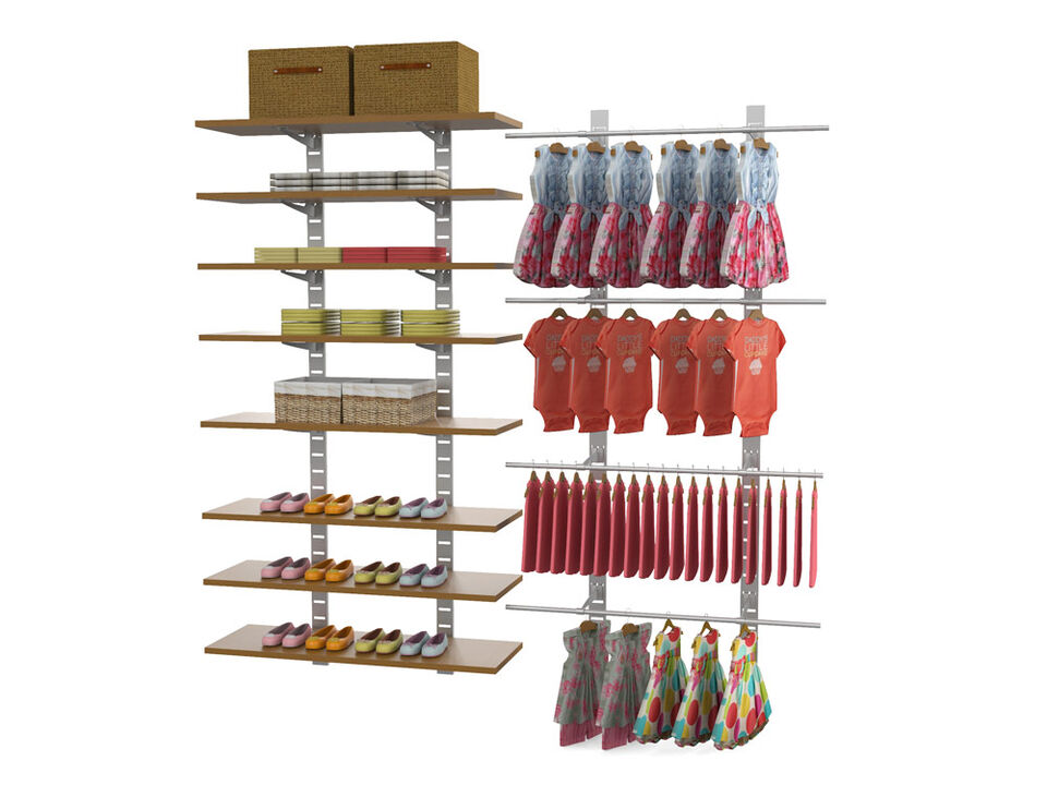 Stylish Kids Closet Unit 91" High with 8 Shelves 48" Length 14"- 16" Width + 4 Hanging Rails 48" Length | 2 Sections- Shelves Sold Separately
