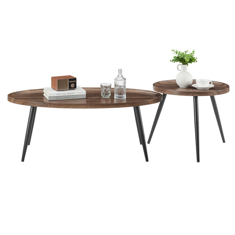 Paxton Nesting Raised Lip Edge 2 Piece Coffee Table Set with Modern Black Metal Taper Legs - Round and Oval