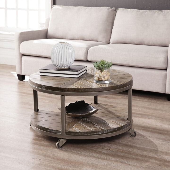 Homezia 32" Brown Rustic and Distressed Round Two Tier Rolling Coffee Table