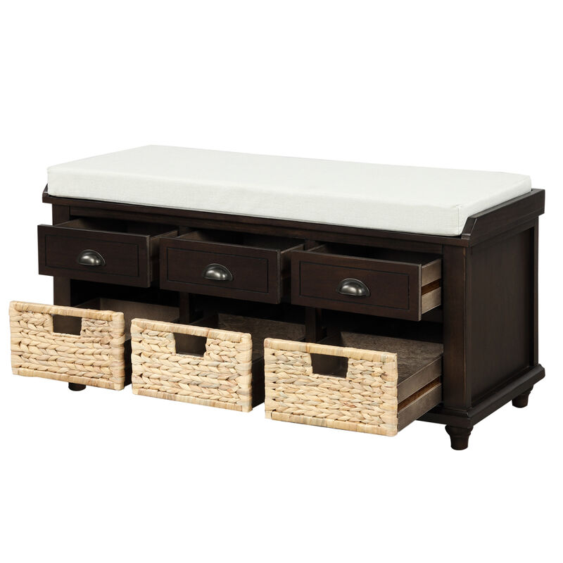 Rustic Storage Bench With 3 Drawers And 3 Rattan Baskets, Shoe Bench For Living Room