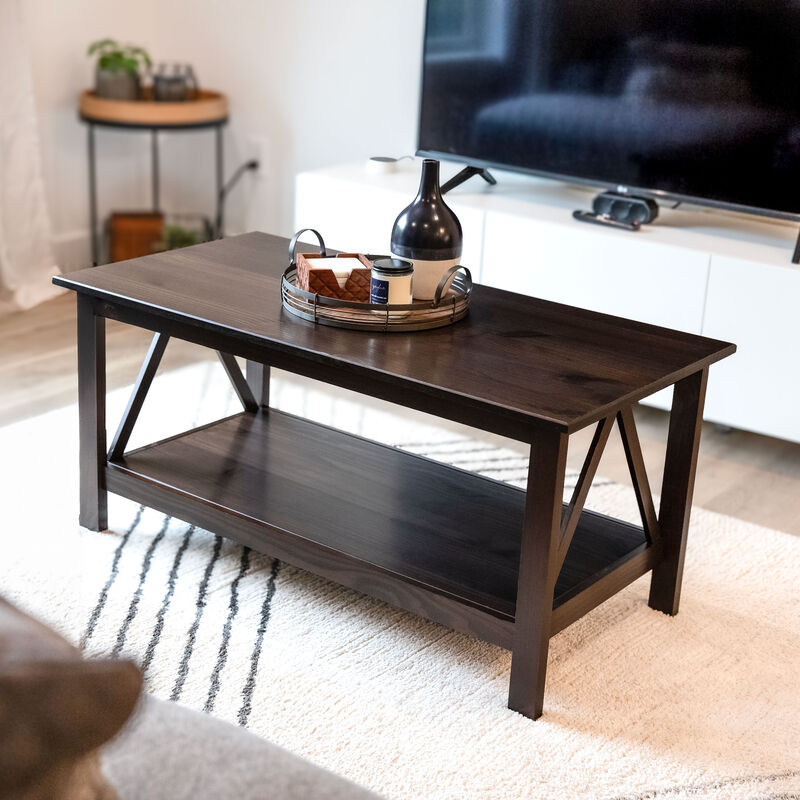 Sunnydaze Solid Pine Coffee Table with Shelf - Dark Brown - 43.5 in