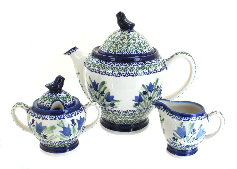 Blue Rose Polish Pottery Peacock 3 PC Coffee Pot Set with Bird Topper