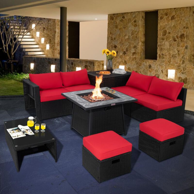 Hivvago 9 Pieces Outdoor Wicker Sectional with 35 Inch Gas Fire Pit Table