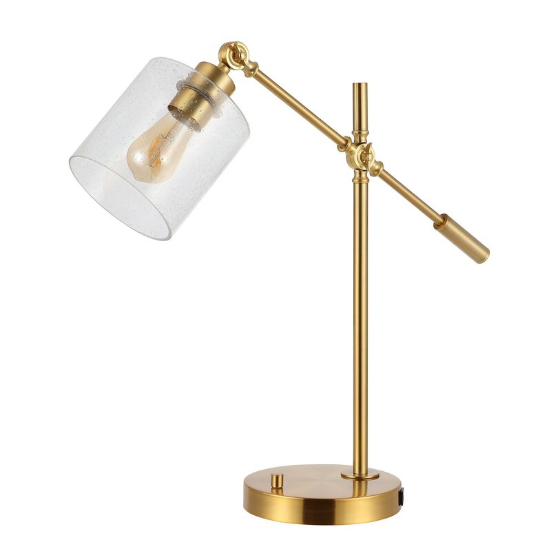 Kathryn Classic 23" Iron/Seeded Glass Adjustable Head Modern USB Charging LED Task Lamp, Brass Gold