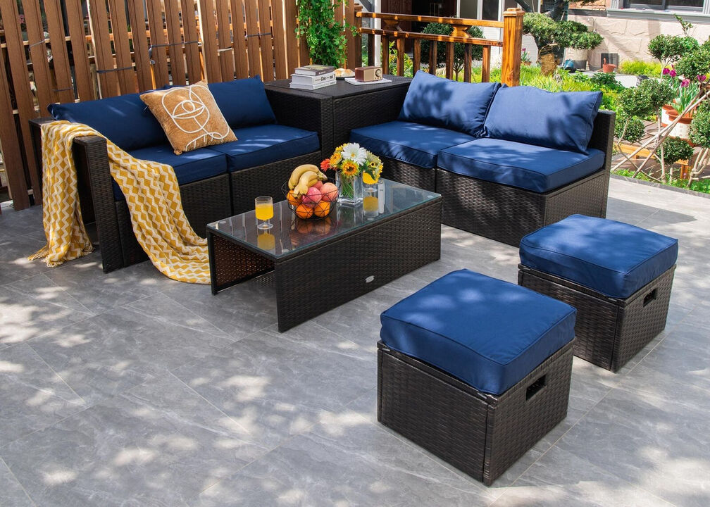 8 Pieces Patio Space-Saving Rattan Furniture Set with Storage Box and Waterproof Cover