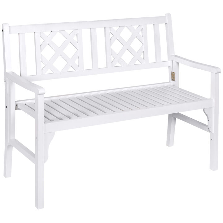 Outsunny 4FT Wooden Outdoor Garden Bench for 2, Portable Folding Loveseat 2-Seater Chair with Backrest, Armrests and Slat Seat, White