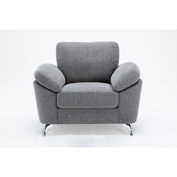 Nel 43 Inch Accent Sofa Chair with Soft Gray Linen, Chrome Legs, Solid Wood - Benzara