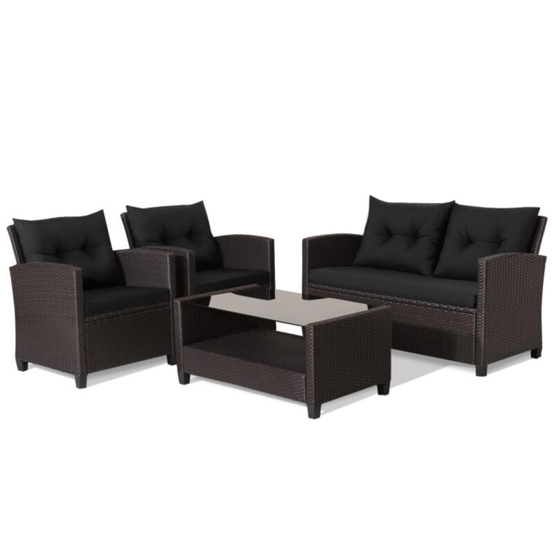 Hivvago 4 Pieces Patio Rattan Furniture Set with Tempered Glass Coffee Table