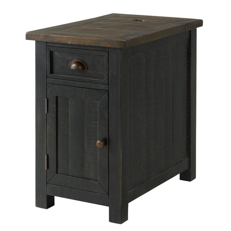 Fiya 25 Inch Chairside End Table Cabinet, Drawer, USB Ports, Black, Brown-Benzara