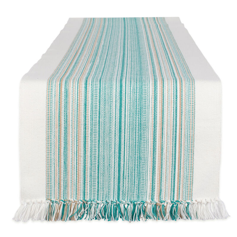 72" Table Runner with Fringed Teal Blue Stripes Design