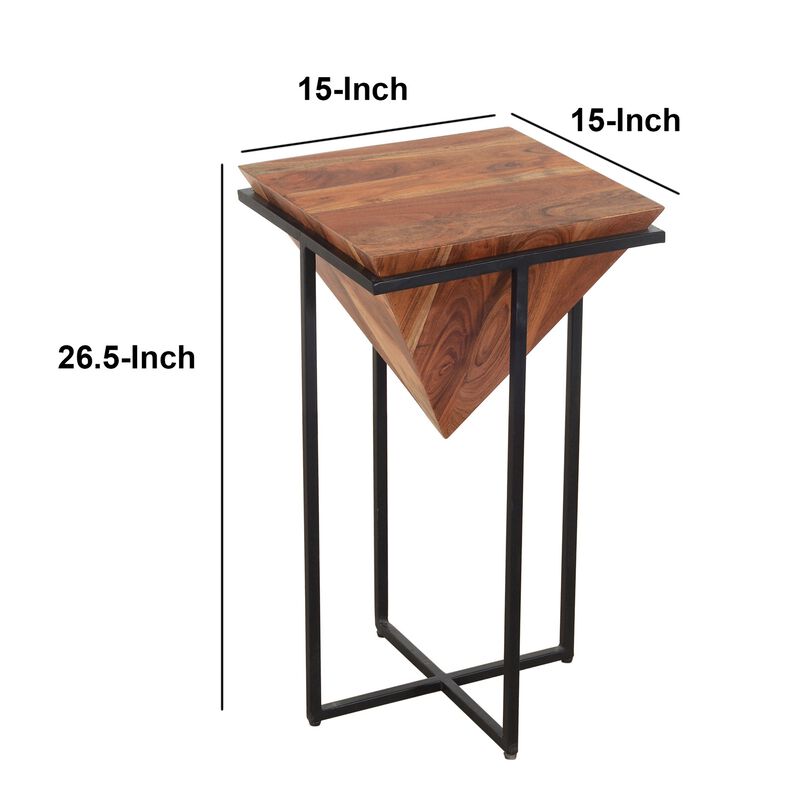 26 Inch Pyramid Shape Wooden Side Table With Cross Metal Base, Brown and Black-Benzara