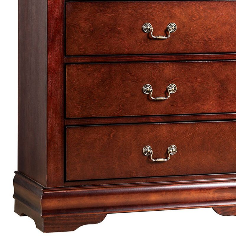 Ryla Tall Dresser Chest, 5 Drawers, Metal Handles, Cherry Brown Solid Wood