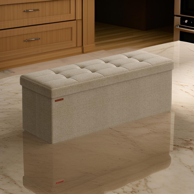 Zok 43 Inch Folding Storage Ottoman Bench, Tufted, Removable Top, Taupe - Benzara