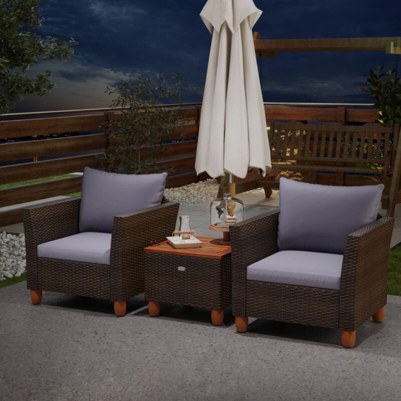 Hivvago 3 Pieces Patio Rattan Bistro Furniture Set with Wooden Table Top