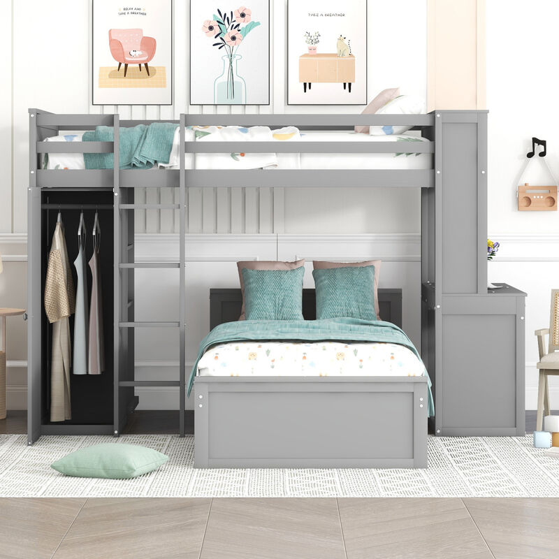 Twin size Loft Bed with a Stand-alone bed, Shelves, Desk, and Wardrobe-White