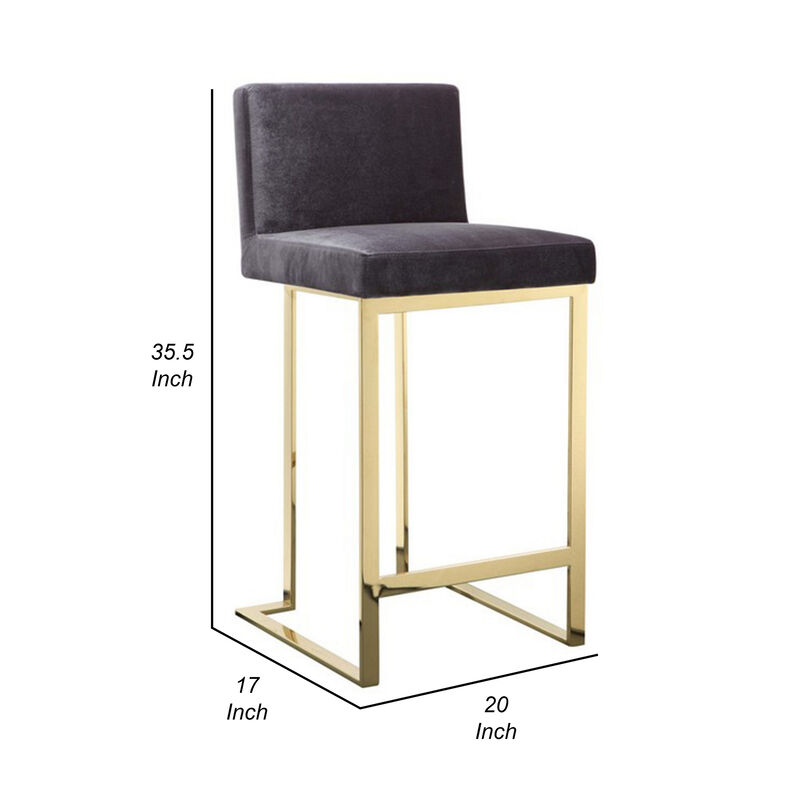 Boly 26 Inch Counter Stool Chair, Cushioned Gray Velvet, Gold Cantilever - Benzara