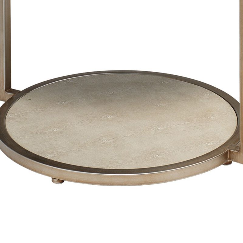 Metal Side Table with Round Top and Bottom, White and Gold-Benzara