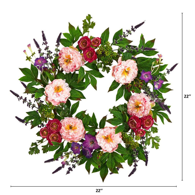 Nearly Natural 22-in Assorted Peony Artificial Wreath