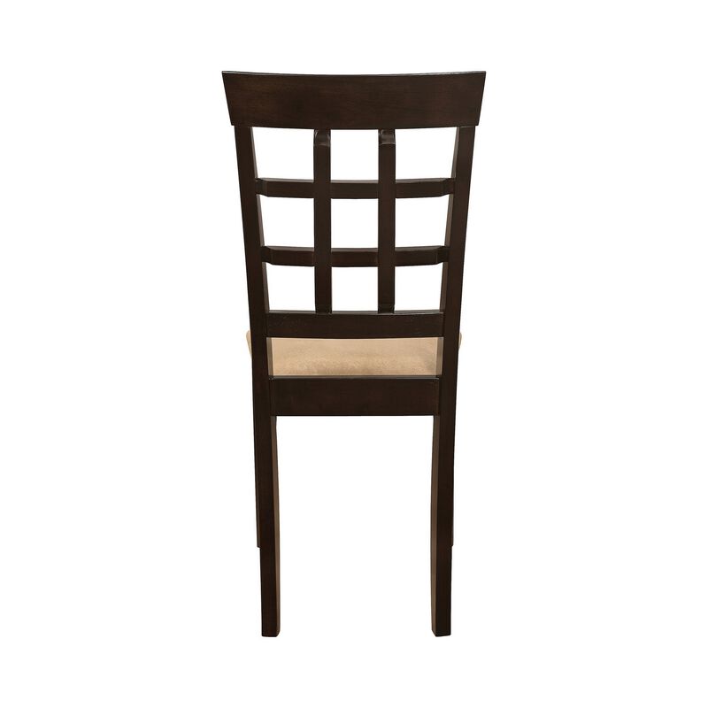 17 Inch Side Dining Chair, Set of 2, Lattice Back Brown Wood, Tan Fabric - Benzara