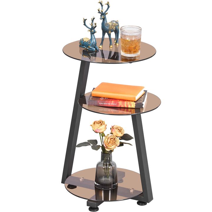 BEWISHOME Round End Table Tempered Glass Side Table with Metal Frame, Accent Table Nightstand Bedside Table with 3-Tier Shelves,