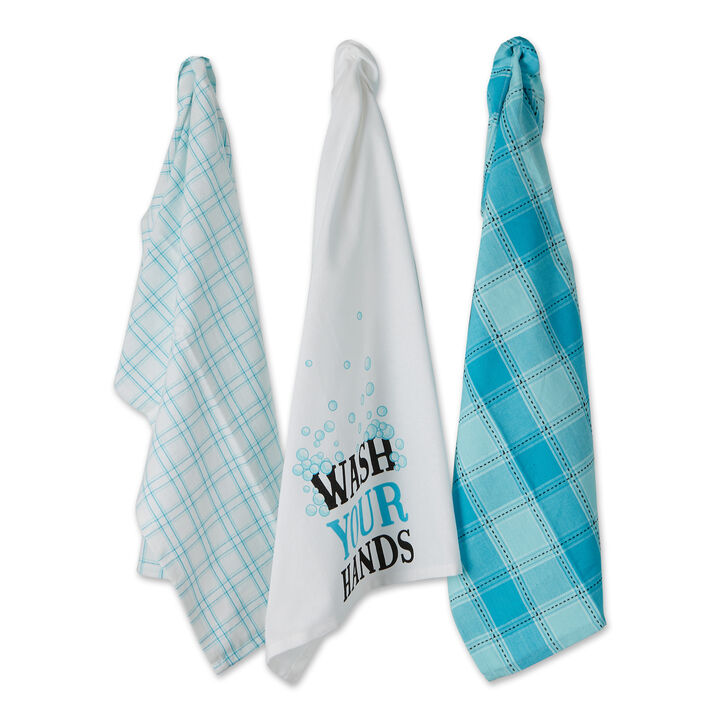 Set of 3 Blue and White Wash Your Hands Dish Towel  28"