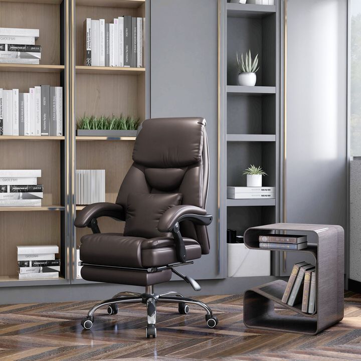 Dark Brown PU Leather Executive Office Chair: Sophisticated Kneading Massage Office Chair with Reclining High Back, Lumbar Cushion, and Footrest