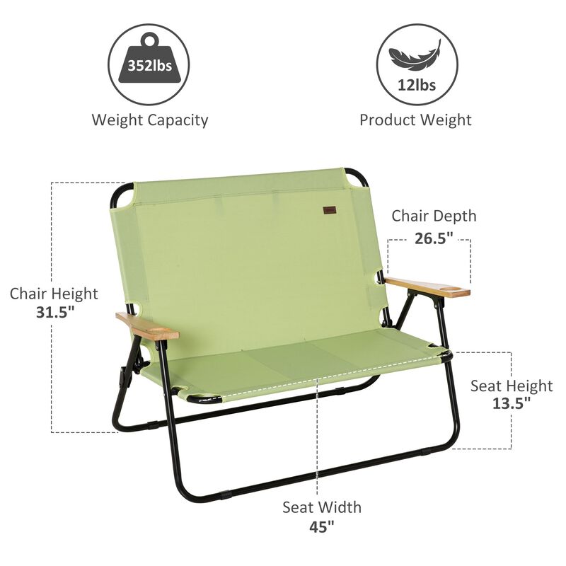 Portable Folding Double Camping Chair Cup Holder, Loveseat for 2 Person, Outdoor Chair with Wood Armrest Beach Travel, Green