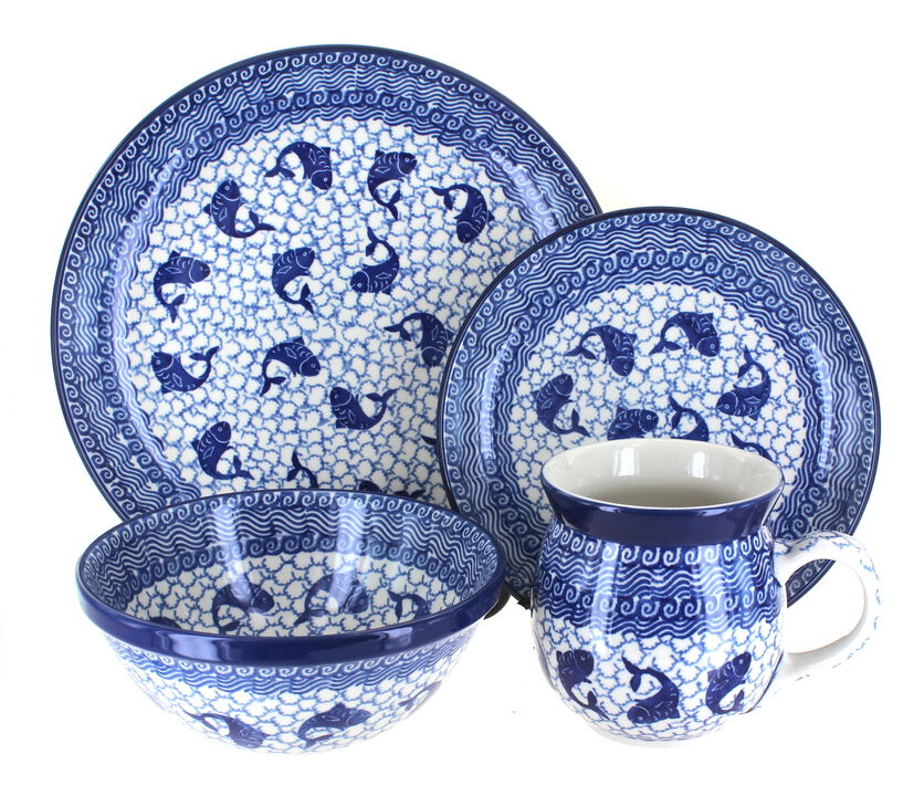 Blue Rose Polish Pottery Peacock Swirl 16 Piece Dinner Set