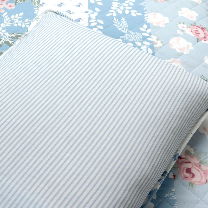 Cottage Core Flower Stripe Oversized Reversible Cotton Quilt Blue/Dusty Pink 3Pc Set Full/Queen