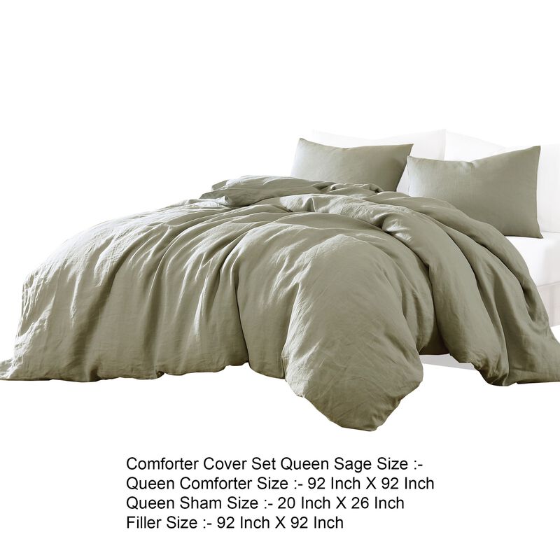 Edge 4 Piece Queen Size Duvet Comforter Set, Washed Linen, Sage Green - Benzara
