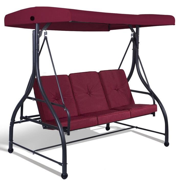 Hivvago Dark Red Burgundy 3 Seat Cushioned Porch Patio Canopy Swing Chair