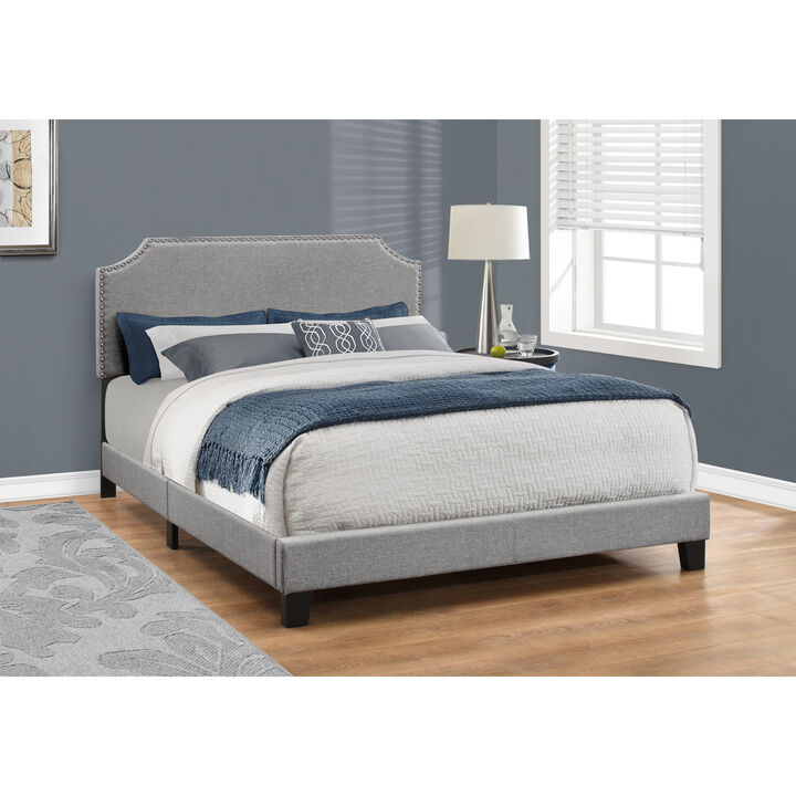 Monarch Specialties I 5925Q Bed, Queen Size, Platform, Bedroom, Frame, Upholstered, Linen Look, Grey, Chrome, Transitional