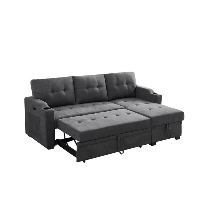 Mabel Dark Gray Woven Fabric Sleeper Sectional With Cup Holder, USB Charging Port And Pocket