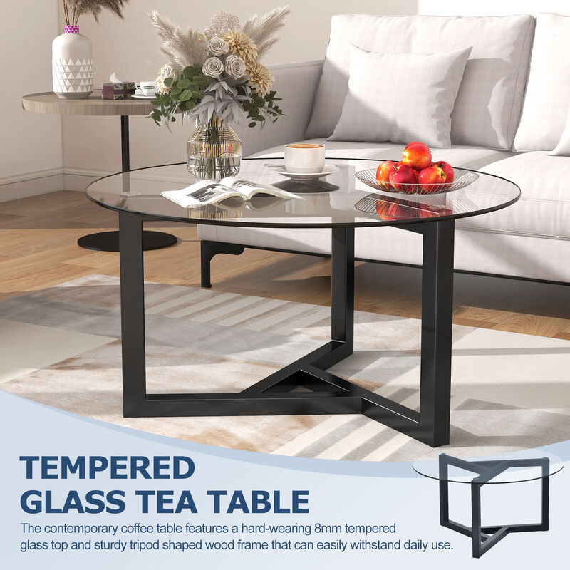 Round Glass Coffee Table with Tempered Glass Top & Sturdy Wood Base