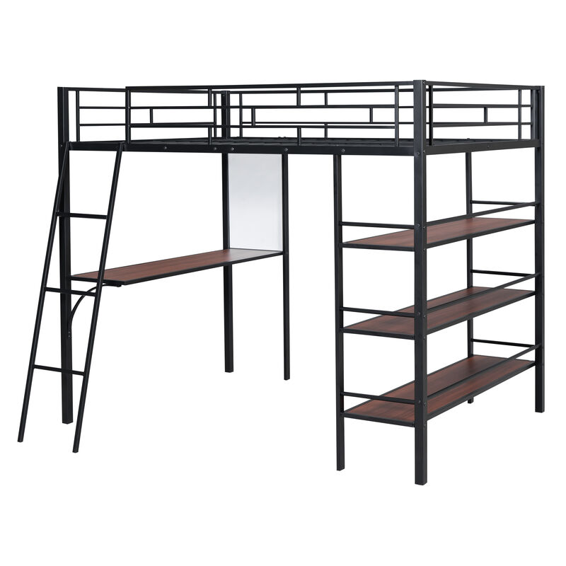 Merax Metal Loft  Bed with  Desk and 3 Layers of Shelves