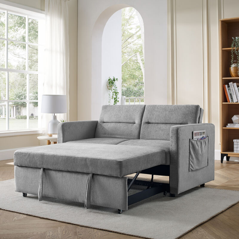 Loveseats Sofa Bed with Pull-out Bed, Adjustable Back and Two Arm Pocket, Grey