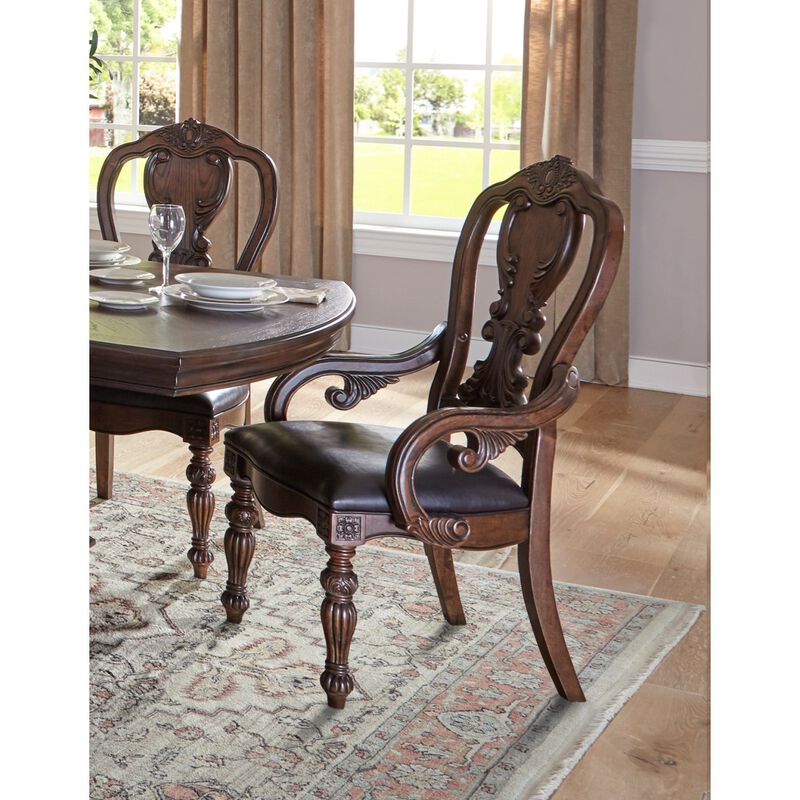 Traditional Formal Dining Furniture Armchairs Set of 2pc Dark Oak Finish Wood Frame Faux Leather Upholstered Seat