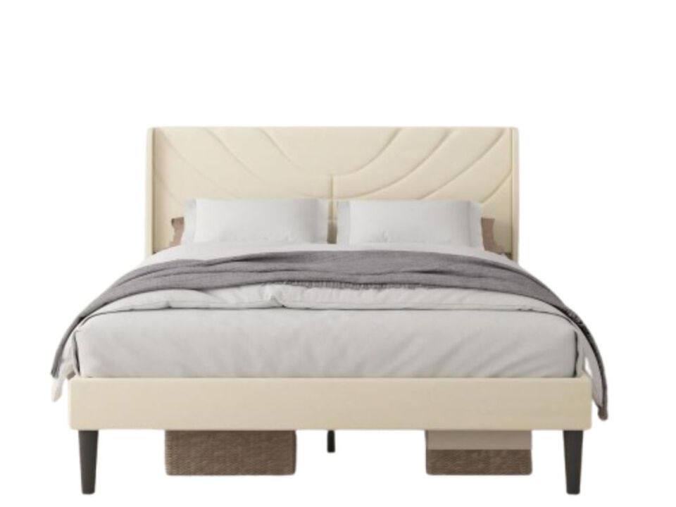 Upholstered Platform Queen Bed Frame With Fabric Headboard,Wooden Slats Support/No Box Spring Needed/Mattress Foundation,Beige
