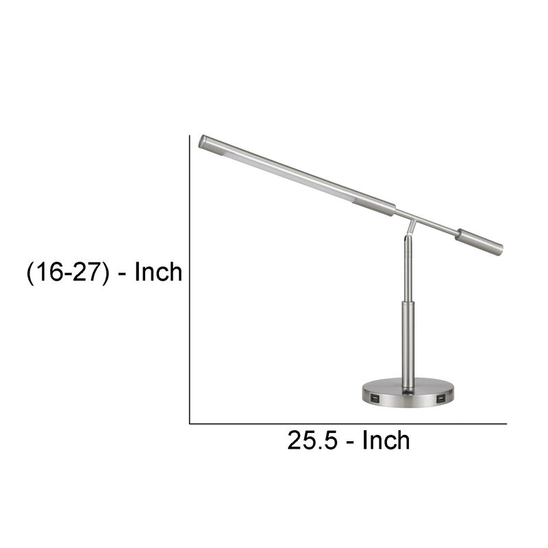 16 Inch Adjustable LED Office Desk Lamp, 2 USB Ports, Silver-Benzara