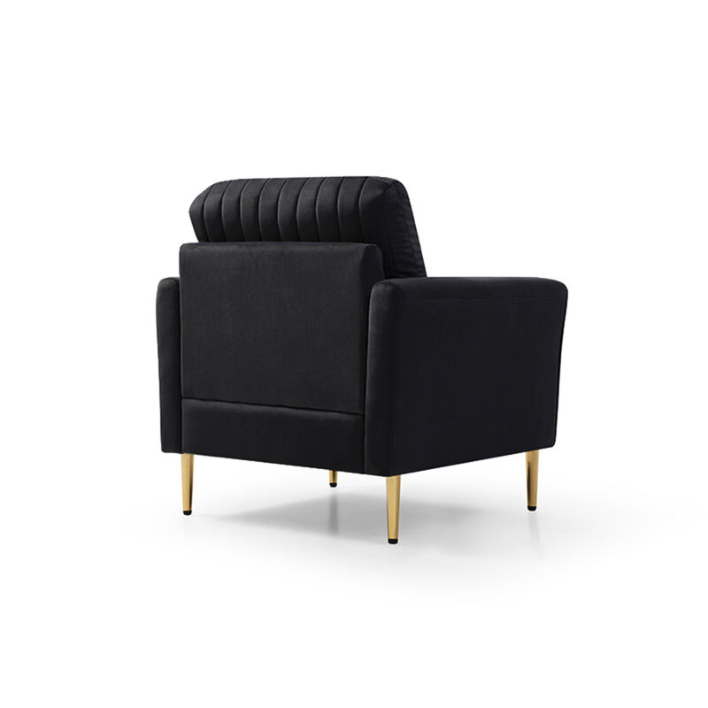 Modern Black Velvet Accent Chair Upholstered Living Room Arm Chairs Comfy Single Sofa Chair