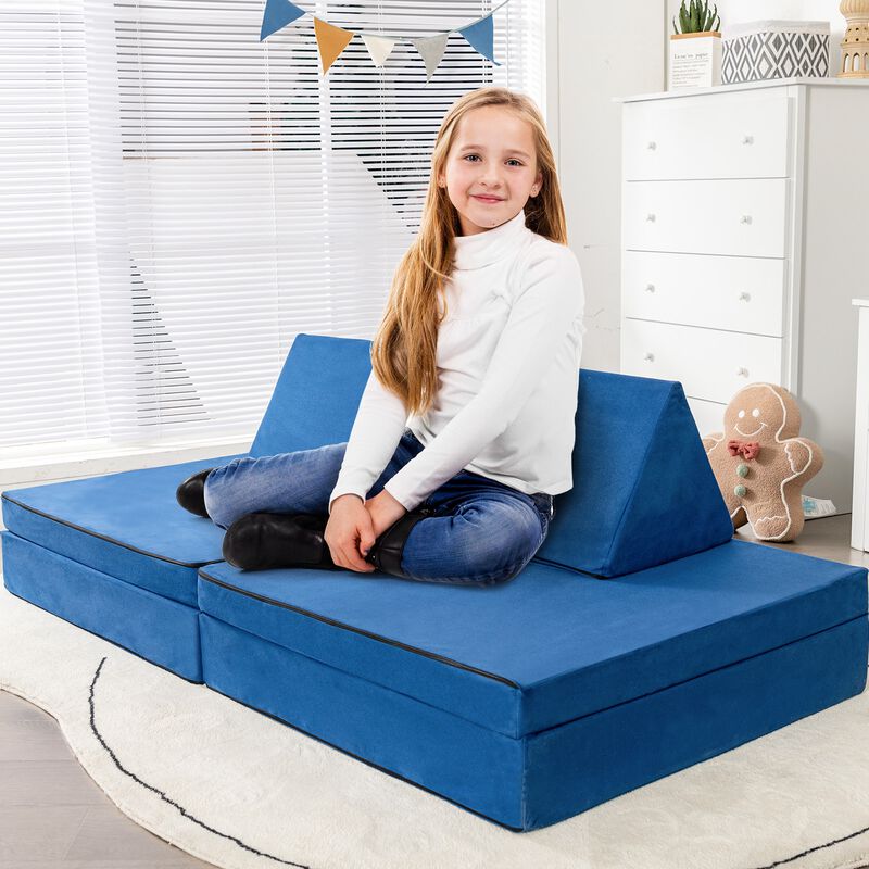 4 Pieces Convertible Kids Couch Set with 2 Folding Mats in Blue