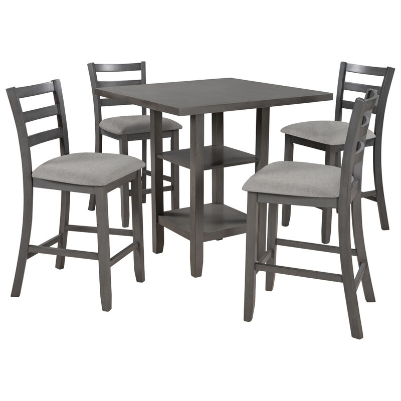 5-Piece Wooden Counter Height Dining Set with Padded Chairs and Storage Shelving