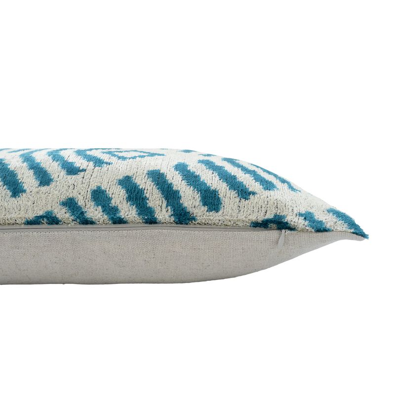 Coastal Blue Silk Velvet Ikat Pillow, 16" X 24"