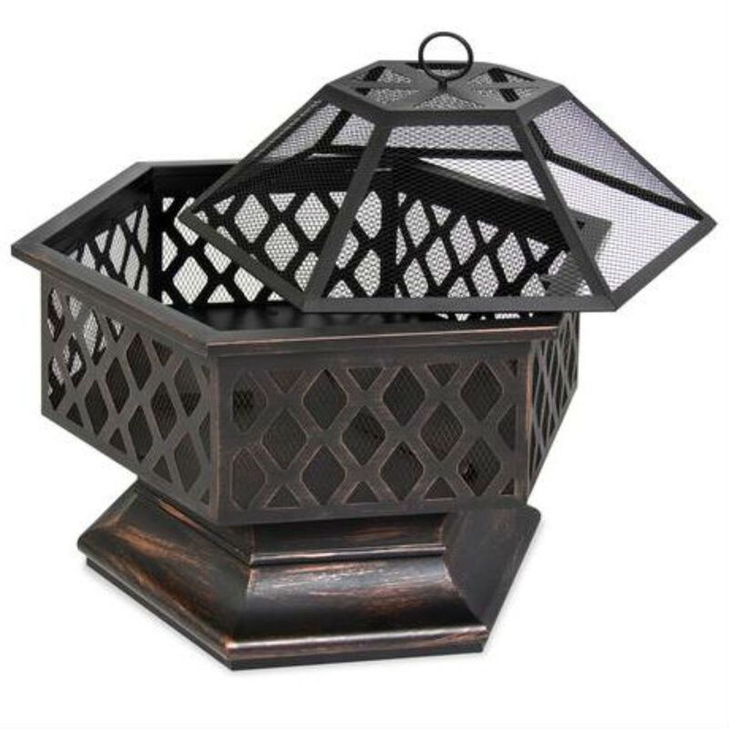 Hivvago 24 Inch Steel Distressed Bronze Lattice Design Fire Pit With Cover