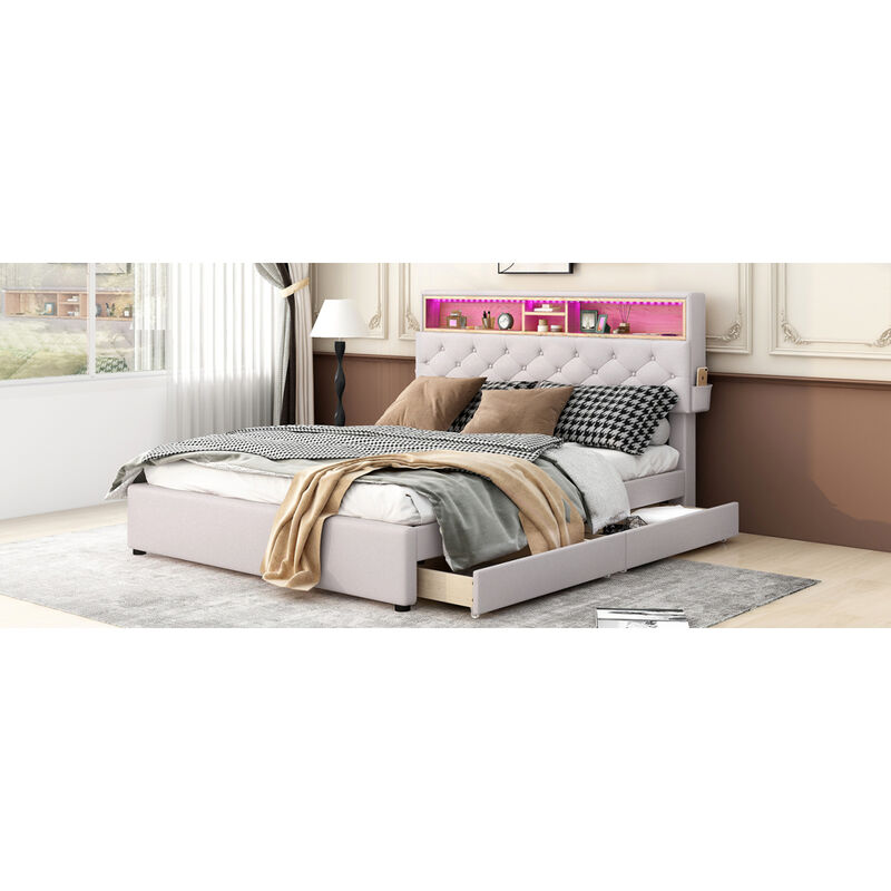 Queen Size Upholstered Platform Bed with Storage Headboard, LED, USB Charging and 2 Drawers, Beige