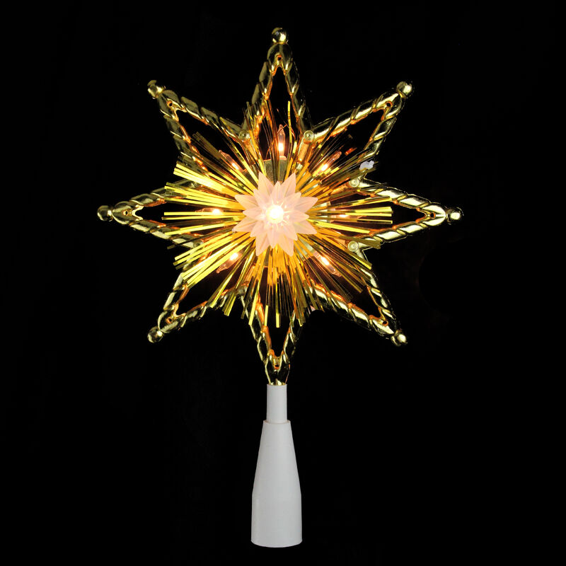 8" Gold Tinsel 8 Point Star Christmas Tree Topper - Clear Lights
