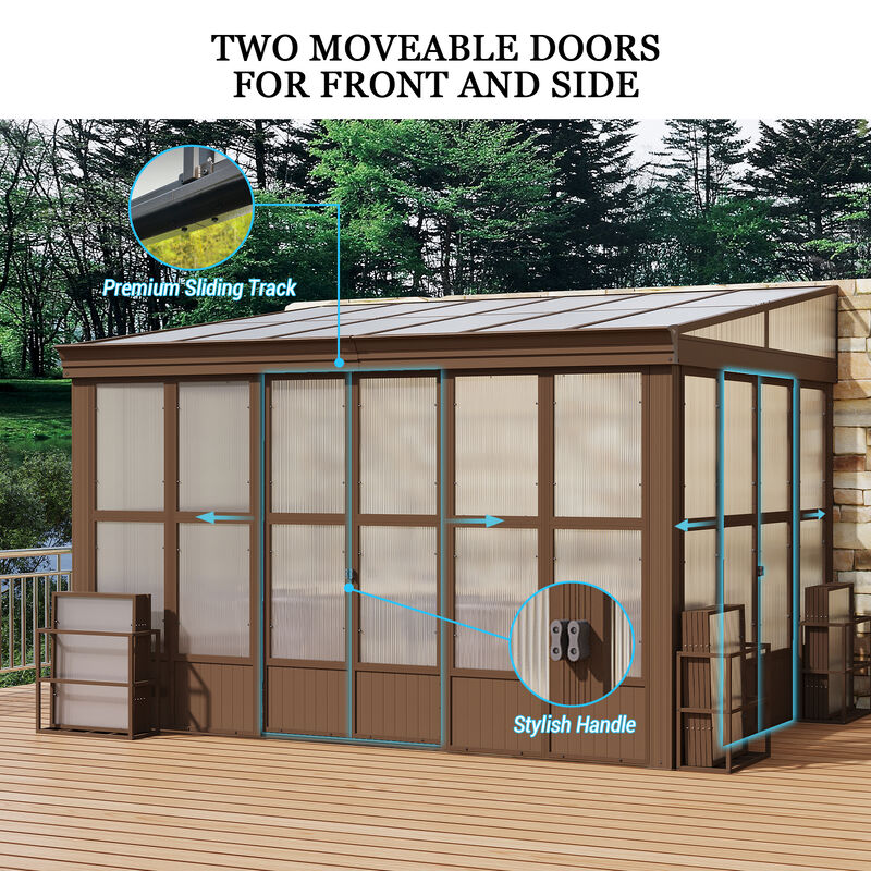 MONDAWE 10x12FT Lean to Sunroom Wall Mounted Solarium with Sloping Polycarbonate Roof, Detachable Screens and 2 Lockable Sliding Doors