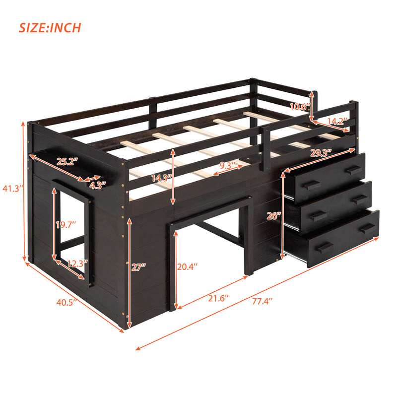 Twin Size Loft Bed with Cabinet and Shelf - Gray